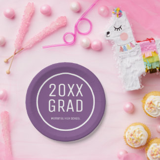 2026 Grad, School Name Modern Purple Graduation Paper Plate