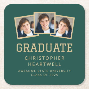 2026 Graduate 3-Photo Green Gold Square Paper Coaster