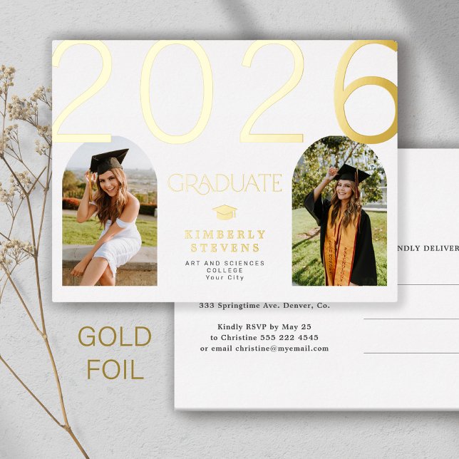 2026 graduate arch photos gold graduation party foil invitation postcard (Creator Uploaded)