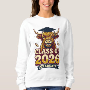 2026 graduation design featuring a highland cow sweatshirt