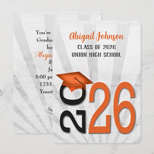 2026 Graduation In Orange and Black  Invitation (Front/Back)