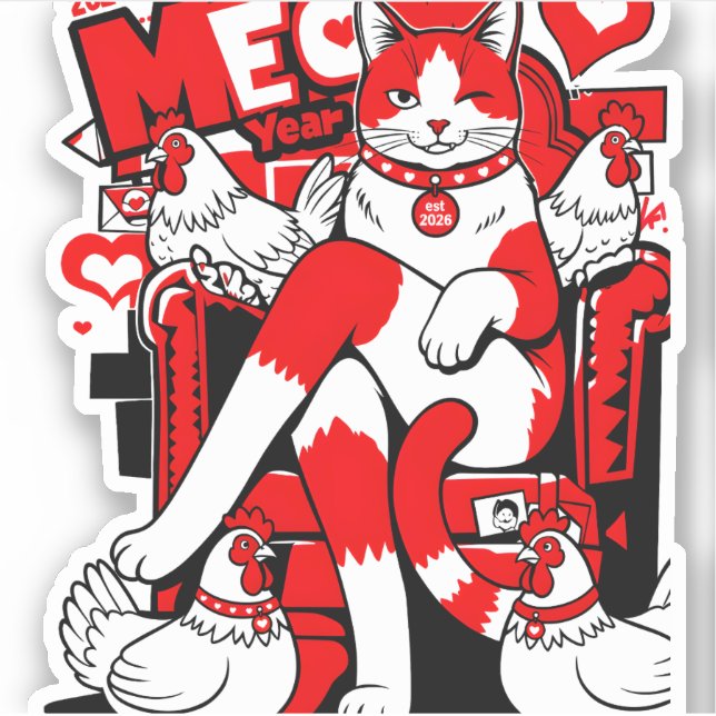 2026 Happy MEOW Year Red Cat & Chickens Fun (Front)
