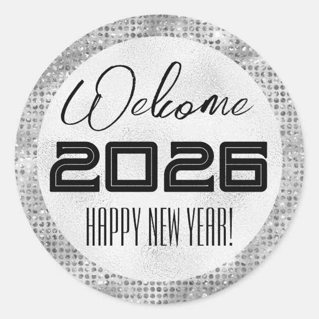 2026 Happy New Year Black & Silver Diamonds  Classic Round Sticker (Front)