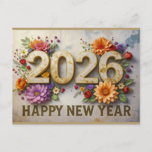 2026 Happy New Year Elegant Modern Floral Postcard