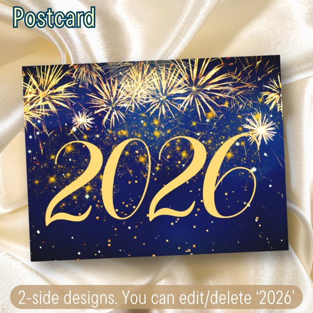 2026 Happy New Year Eve Fireworks 2-Sided Designs Holiday Postcard (Creator Uploaded)