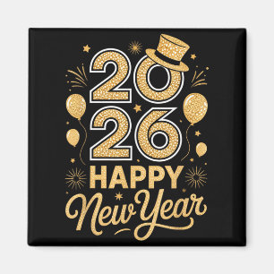 2026 Happy New Year Festive Top Hat Balloon Firewo Magnet