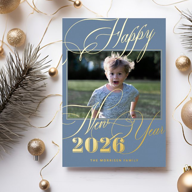 2026  Happy New Year gold script blue photo (You can choose the color of the foil: GOLD, SILVER or ROSE GOLD)