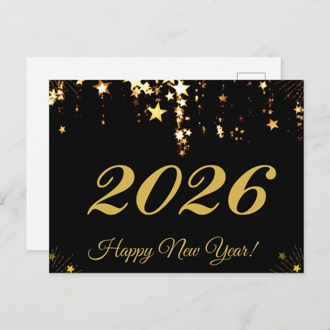2026,Happy new year!gold stars & black background Postcard (Front/Back)