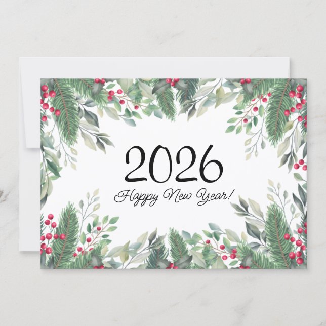 2026,Happy new year!holiday greenery red berries  Card (Front)