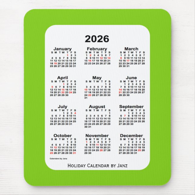 2026 Holiday Yellow Green Calendar by Janz Mouse Pad (Front)