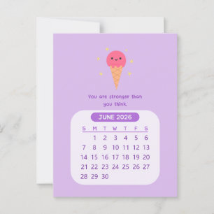 2026 June Monthly Kawaii Motivational Calendar Postcard