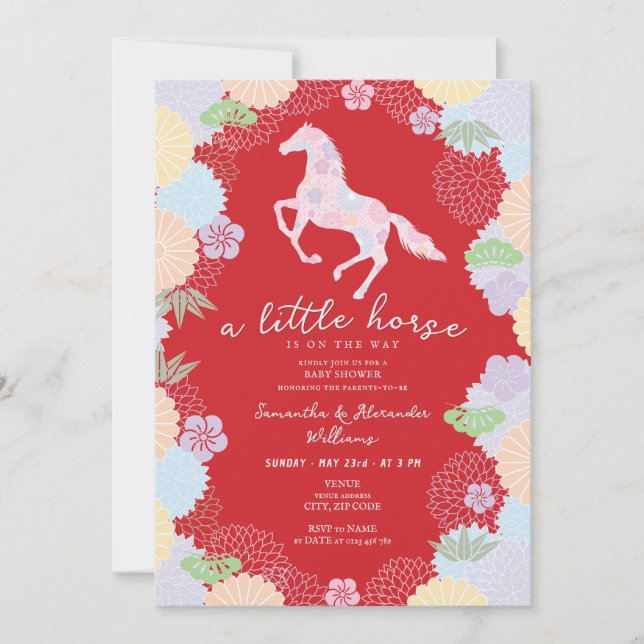 2026 Little Horse Floral Red Garden Baby Shower Invitation (Front)