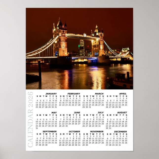 2026 London Calendar, Tower Bridge at Night / UK Poster (Front)