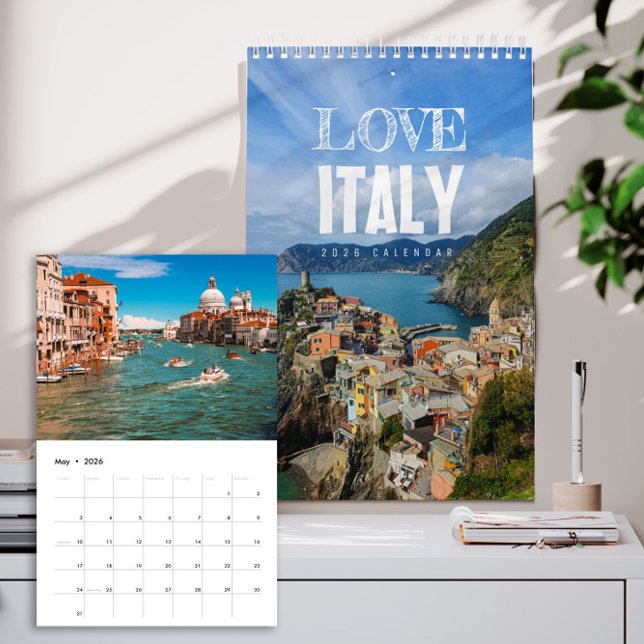 2026 Love Italy Calendar (Italy 2026 wall calendar cover showing sunlit Italian villages, coastal views, and landscapes)