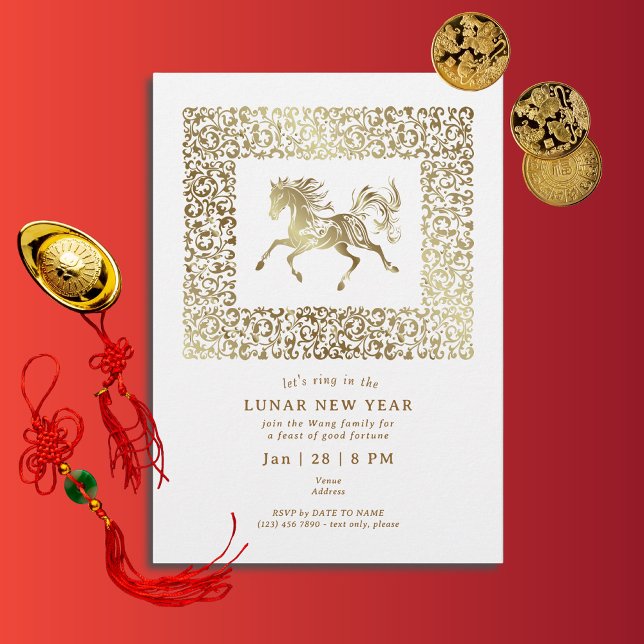 2026 Lunar New Year Of The Horse White Gold Party Invitation (2026 Lunar Chinese New Year Of The Horse White Gold Party Invitation)