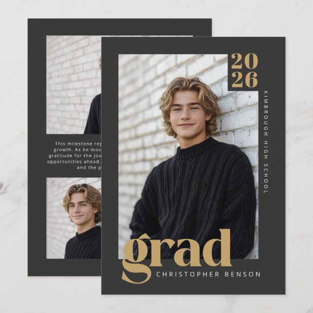 2026 Modern Charcoal & Warm Gold Graduation Invitation (Front/Back)