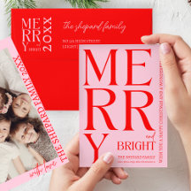 2026 Modern Merry Bright Red Pink Christmas Photo