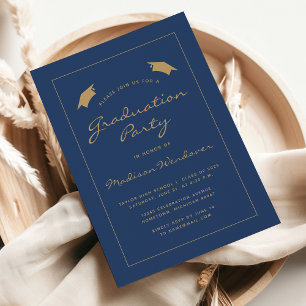 2026 Modern Navy Blue Gold Border Graduation Party Invitation