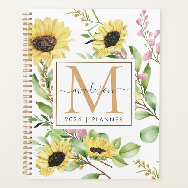 2026 Monogram Sunflower Weekly Monthly Non Dated Planner (Front)