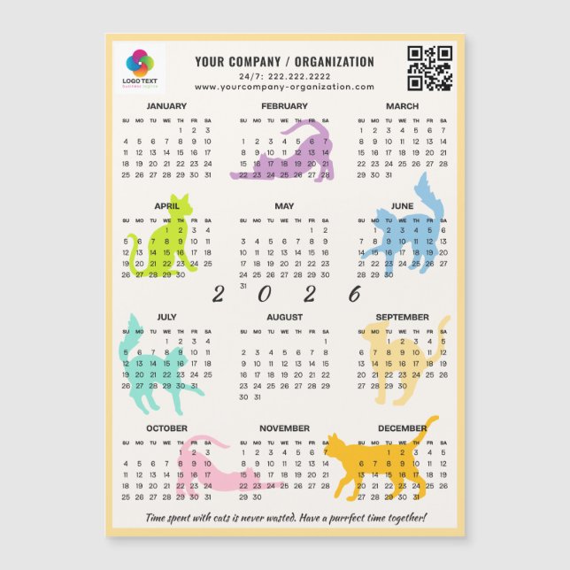 2026 Monthly Calendar Pastel Playful Cat Magnet (Front)