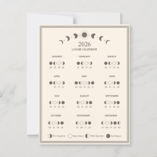 2026 Moon Phase Calendar Lunar Cycles Minimalist Postcard
