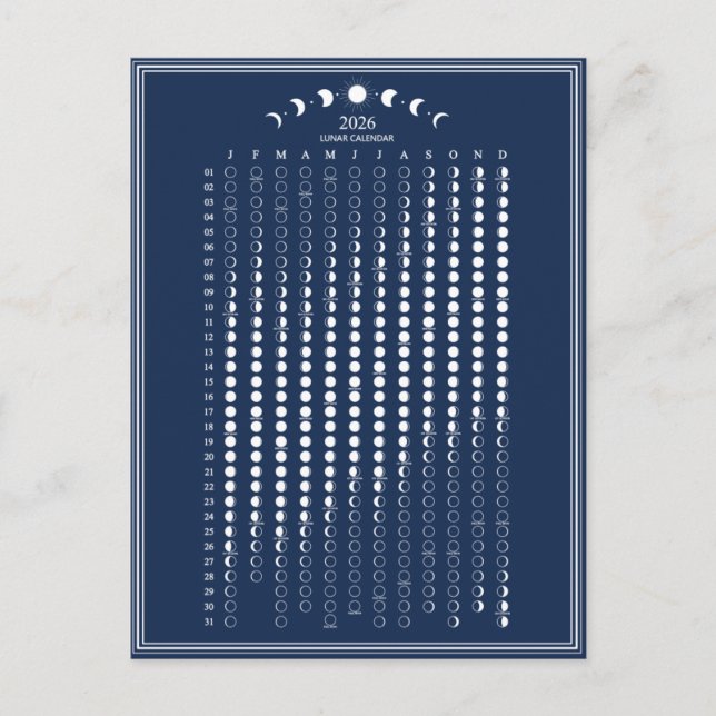 2026 Moon Phase Lunar Cycles Calendar Minimalist Postcard (Front)