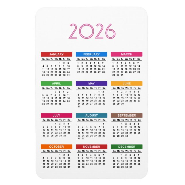 2026 Multi Color Months Calendar Magnet (Vertical)