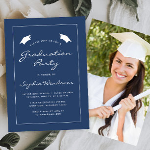2026 Navy Blue White Border Graduation Party Invitation