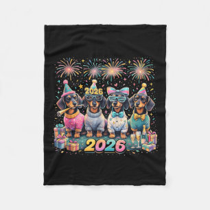2026 New Year Dachshund Party Fireworks Fun  Fleece Blanket
