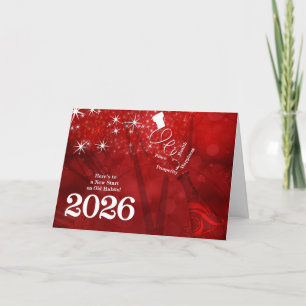 2026 New Year in Red and White Champagne Holiday Card