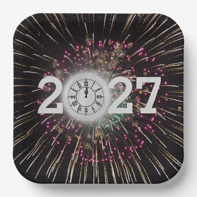 2026 New Years Eve Moon And Clock Paper Plate (Front)