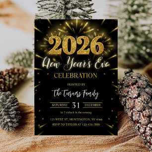 2026 New Year's Eve Party Black & Gold Glitter Invitation
