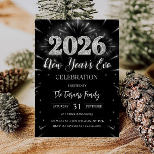 2026 New Year's Eve Party Black & Silver Glitter Invitation