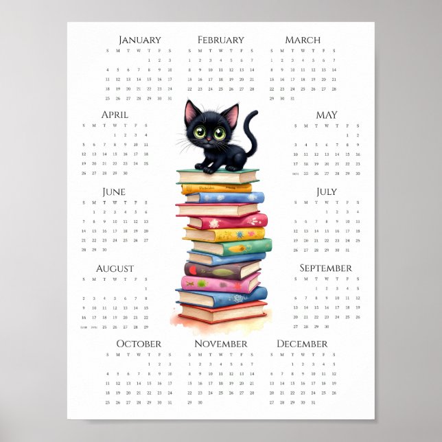 2026 One-Page Calendar Black Cat on Colourful Book Poster (Front)
