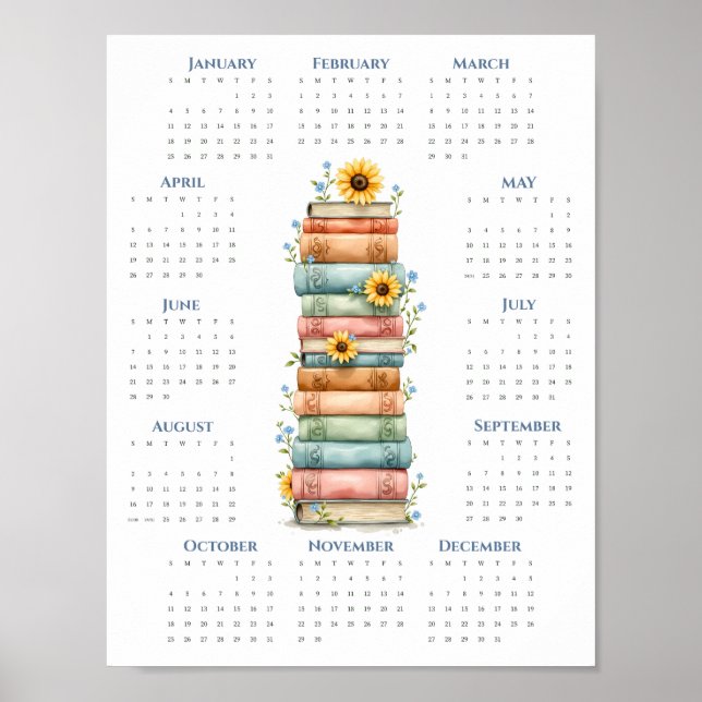 2026 One-Page Calendar Stacked Books Bold Blue Poster (Front)