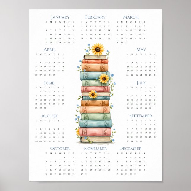 2026 One-Page Calendar Stacked Books Light Blue Poster (Front)