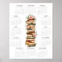 2026 One-Page Calendar Vintage Books & Pink Roses