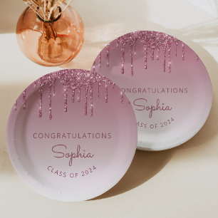 2026 Personalised Burgundy Glitter Drip Graduation Paper Plate