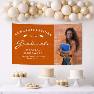 2026 Photo Burnt Orange White Script Graduation Banner