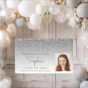 2026 Photo Silver Glitter Drip Graduation Banner