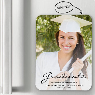2026 Photo White Black Script Grad Announcement Magnet