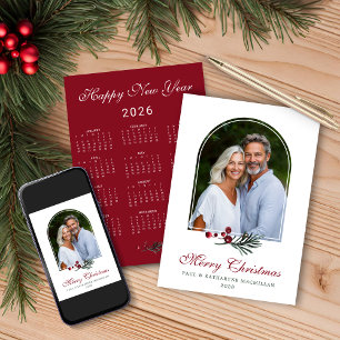 2026 Pine Arch Dark Red Christmas Photo Calendar Holiday Card
