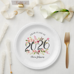 2026 Pink Watercolor Floral Graduation Party Paper Plate