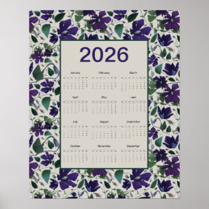 2026 Purple Clematis Flowers Wall Calendar Poster