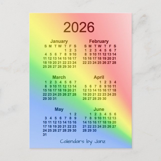 2026 Rainbow 6 Month Mini Calendar by Janz Postcard (Front)