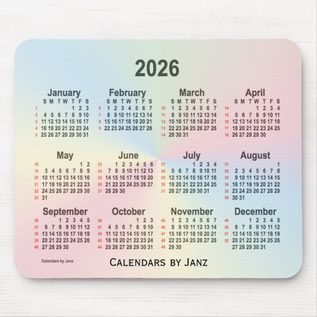 2026 Rainbow Cloud 52 Weeks Calendar by Janz Mouse Pad (Front)