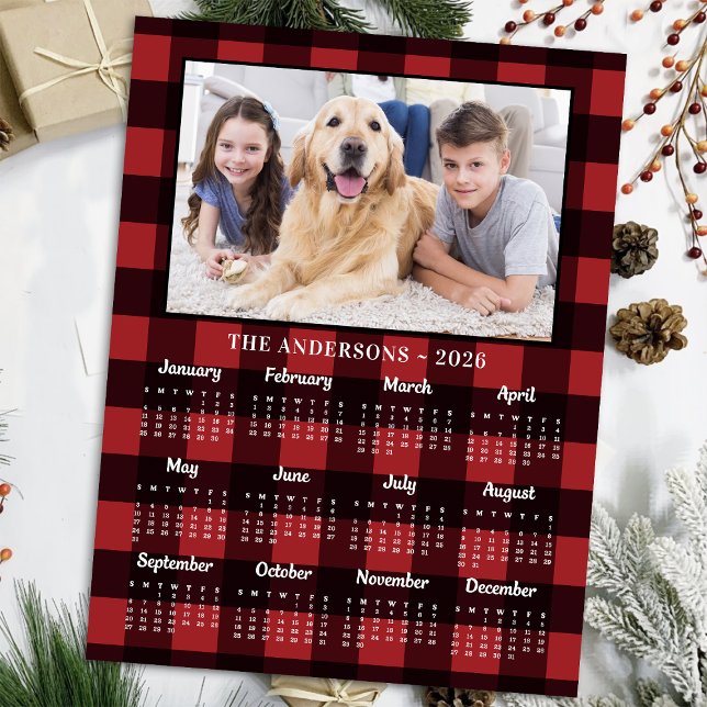 2026 Red Buffalo Plaid Family Dog Photo Calendar Holiday Postcard (Creator Uploaded)