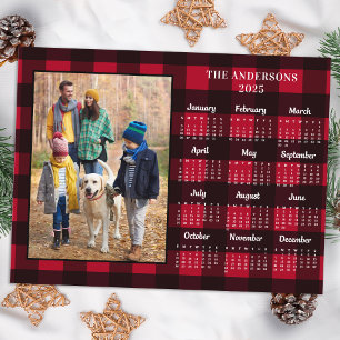 2026 Red Buffalo Plaid Personalised Photo Calendar Holiday Postcard