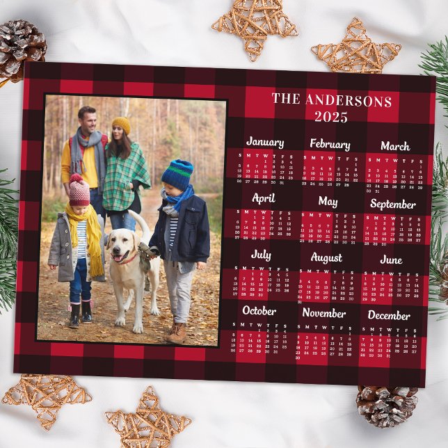 2026 Red Buffalo Plaid Personalised Photo Calendar Holiday Postcard (Creator Uploaded)