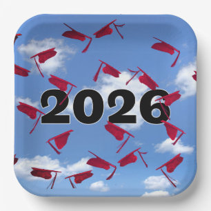 2026 Red Graduation Caps in Sky Paper Plate